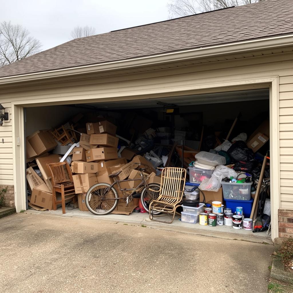 Cluttered garage packed with boxes and junk before removal